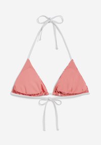 Kolmiobikini yläosa korallipinkissä, valkoisilla naruilla ja röyhelöreunoilla. Valmistettu kevyestä kankaasta, joka on sileä ja mukava.