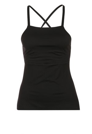 Musta vartalonmyötäinen hihaton toppi, jossa ohuet nauhat ristikkäin selässä, suora pääntie ja sileä kangas.