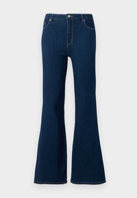 Jeans en denim bleu foncé avec une coupe évasée, poches avant, passants de ceinture, et fermeture par bouton et zip.