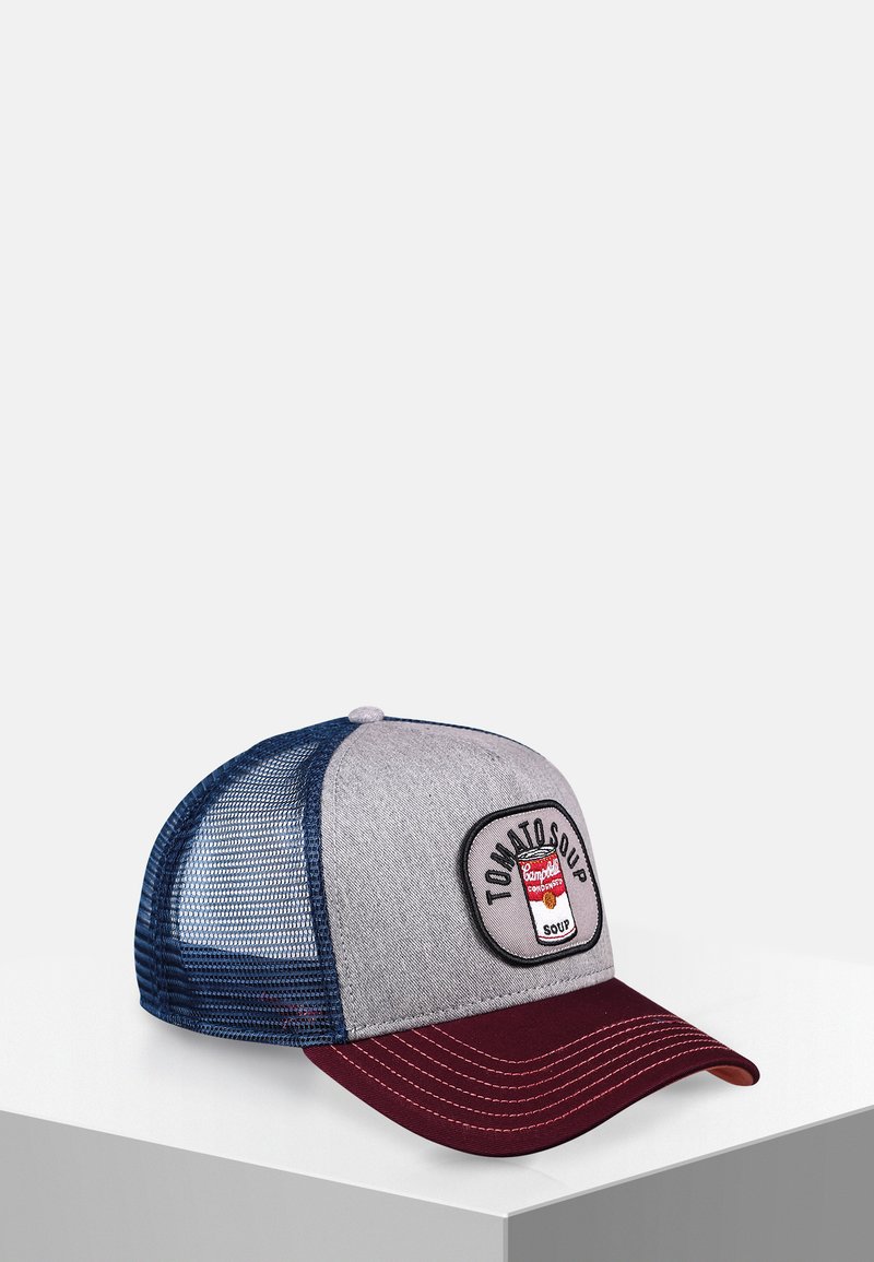 Baseball cap with gray fabric front, dark blue mesh sides, and maroon brim. Features a sewn patch of a tomato soup can.