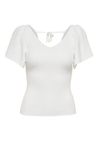 White ribbed short-sleeve top with puffed sleeves, V-neckline, and back tie detail. Slim fit and textured fabric.