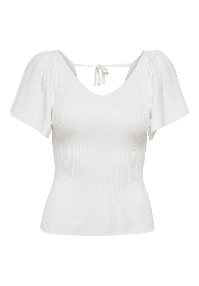 White ribbed short-sleeve top with puffed sleeves, V-neckline, and back tie detail. Slim fit and textured fabric.