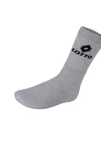 Calzino in cotone grigio con bordo a costine, dotato di un logo nero "LOTTO" sul lato. Taglio atletico standard con una texture liscia.