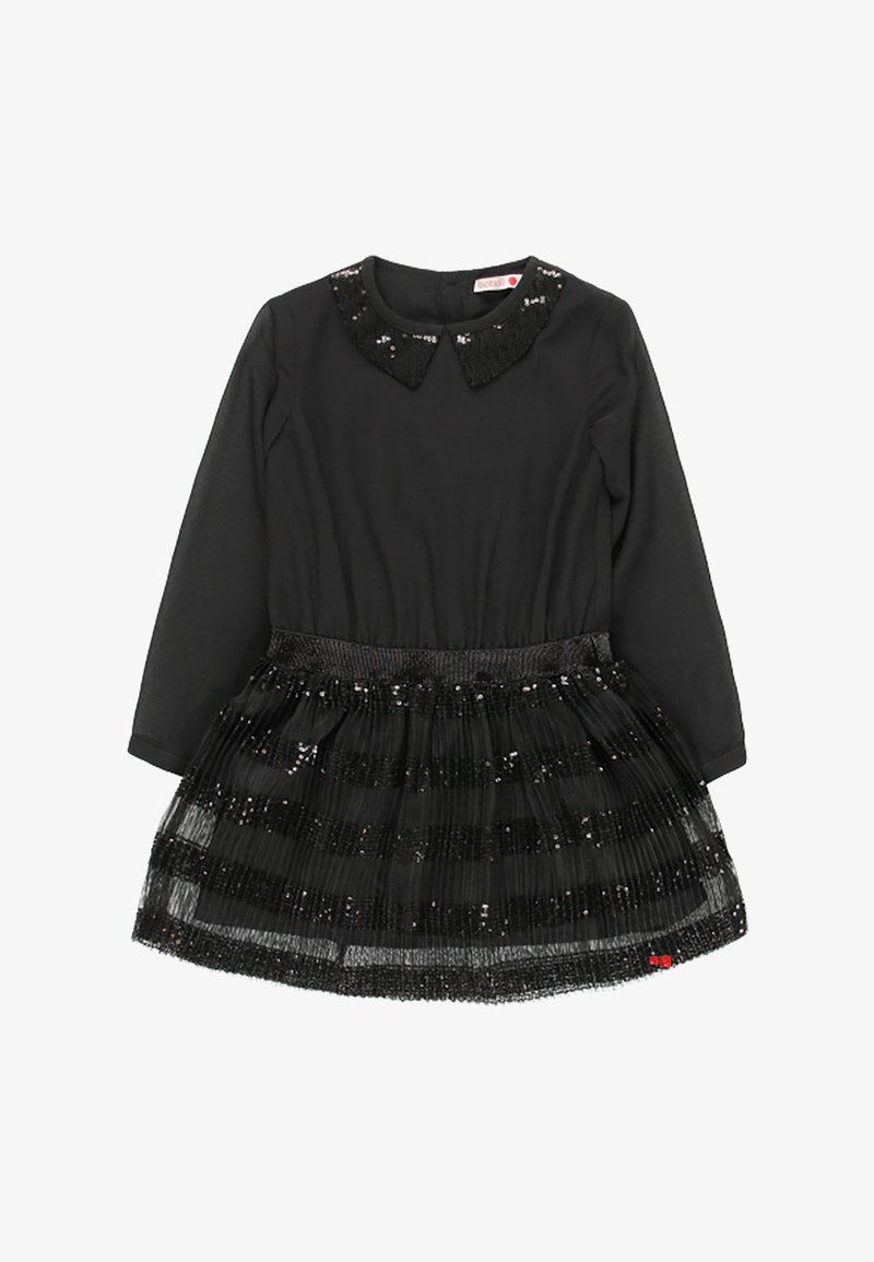 Robe longue à manches longues pour enfants, noire, avec col Peter Pan à sequins et jupe en tulle à plusieurs couches ornée de bandes horizontales de sequins.