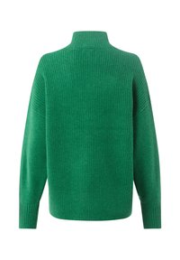 Grüner Strickpullover mit hohem Kragen, weiten Ärmeln und geripptem Textil. Bietet eine lässige Passform und hat eine einheitliche Farbe ohne Verzierungen.