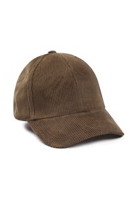 Bruine corduroy baseballpet met een gestructureerde kroon, gebogen rand en een textuur. Naaddetails voegen subtiele accenten toe.