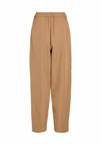 Pantalon marron, léger, ample, avec une ceinture élastique et des jambes fuselées. Texture lisse sans motifs ni accents visibles.