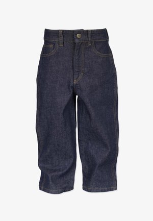 Mørkeblå denimbukser med afslappet pasform, der har gule syninger, fem-lommeredesign og en knaplukning ved taljen.