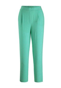 Grüne gemusterte Hose mit geometrischem Design, leichtem Stoff, elastischem Bund und schmal zulaufenden Beinen mit seitlichen Taschen.