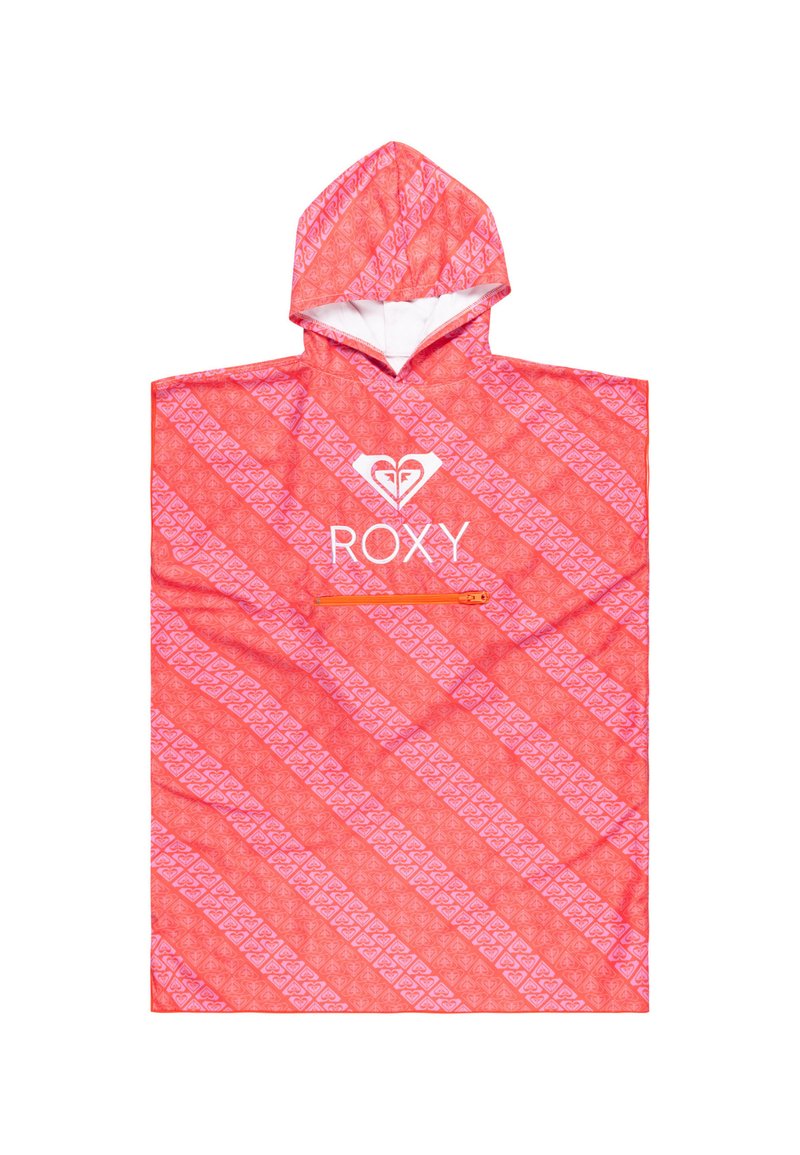 Roxy hooded poncho, coral red with white heart pattern and logo. Features a front zipper pocket, soft texture, and relaxed shape.