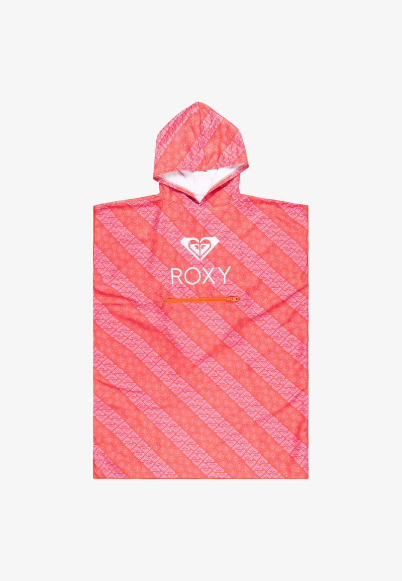Roxy Kapuzen-Poncho in Korallenrot mit weißem Herzmuster und Logo. Verfügt über eine Fronttasche mit Reißverschluss, eine weiche Textur und eine lockere Passform.