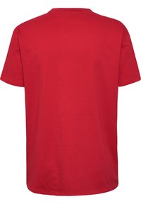Rode korte mouwen T-shirt van katoen. Heeft een ronde hals en is van een effen kleur zonder patronen of ontwerpen. Glad textuur en eenvoudige snit.