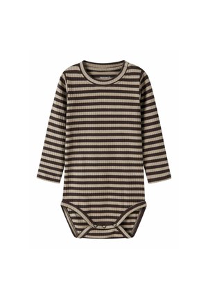 Body bébé à manches longues avec des rayures horizontales marron et beige et des boutons-pression à l'entrejambe.