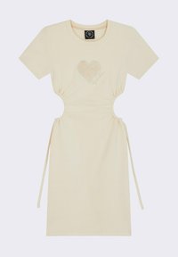 Robe T-shirt couleur crème à manches courtes, côtés froncés, motif en cœur en broderie ton sur ton et liens ajustables à la taille.