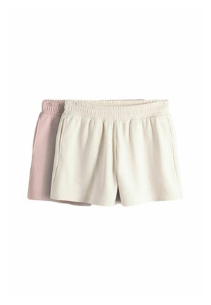 Two pairs of elastic waist casual shorts, one cream and one light pink, folded and stacked on a white background.
