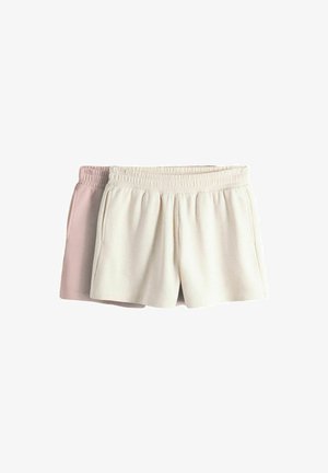 Zwei Paar legere Shorts mit elastischem Bund, eine in Creme und eine in Hellrosa, gefaltet und übereinander auf einem weißen Hintergrund gestapelt.