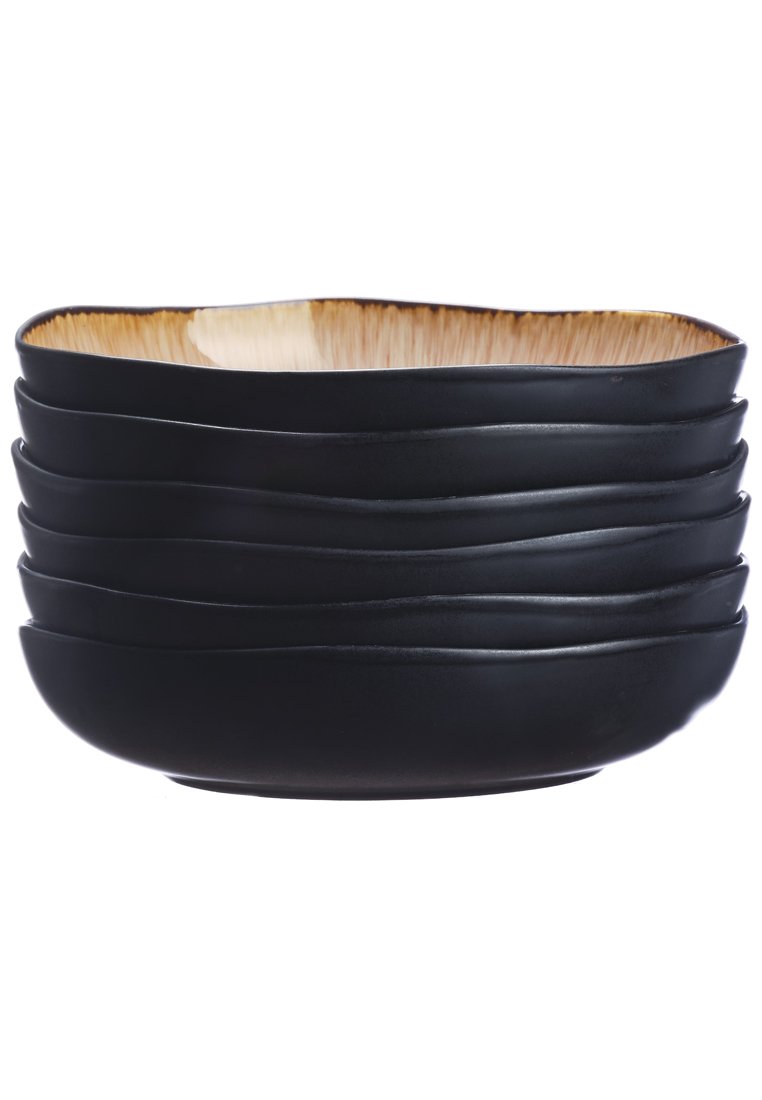 Set aus fünf schwarzen Keramikschalen mit gewellten Rändern, mit einer glatten matten Außenseite und einem glänzenden hellbraunen Innenraum.