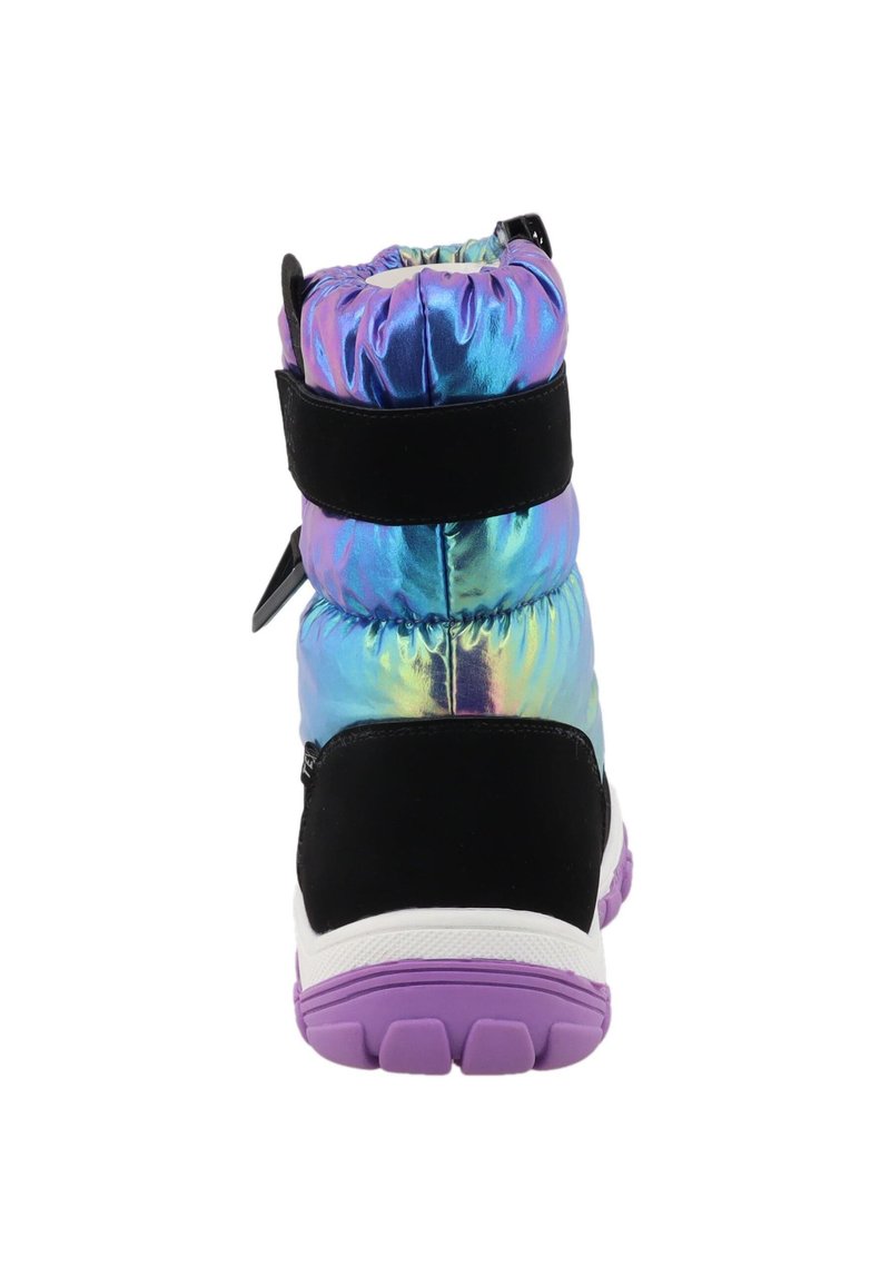Bungee-Stil Stiefel mit schimmerndem blauen und lila Stoff, schwarzen Wildlederakzenten und einer weißen Sohle mit lila Profil. Verfügt über einen verstellbaren Riemen.