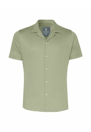 Korte mouwen, overhemd met kraag in lichtgroene stof met een gladde textuur, voorzien van een knoopsluiting aan de voorkant en een rechte zoom.