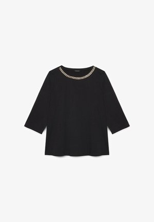 Top negro de manga larga con detalle de cadena dorada alrededor del escote, mostrado sobre un fondo blanco.