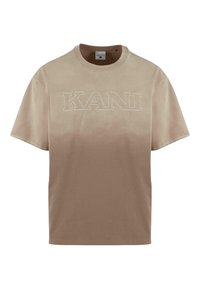 Beige pamut póló, világosból sötétbe átmenő színátmenettel, fehér "KANI" hímzéssel a mellkason. Rövid ujjú és kerek nyakú.
