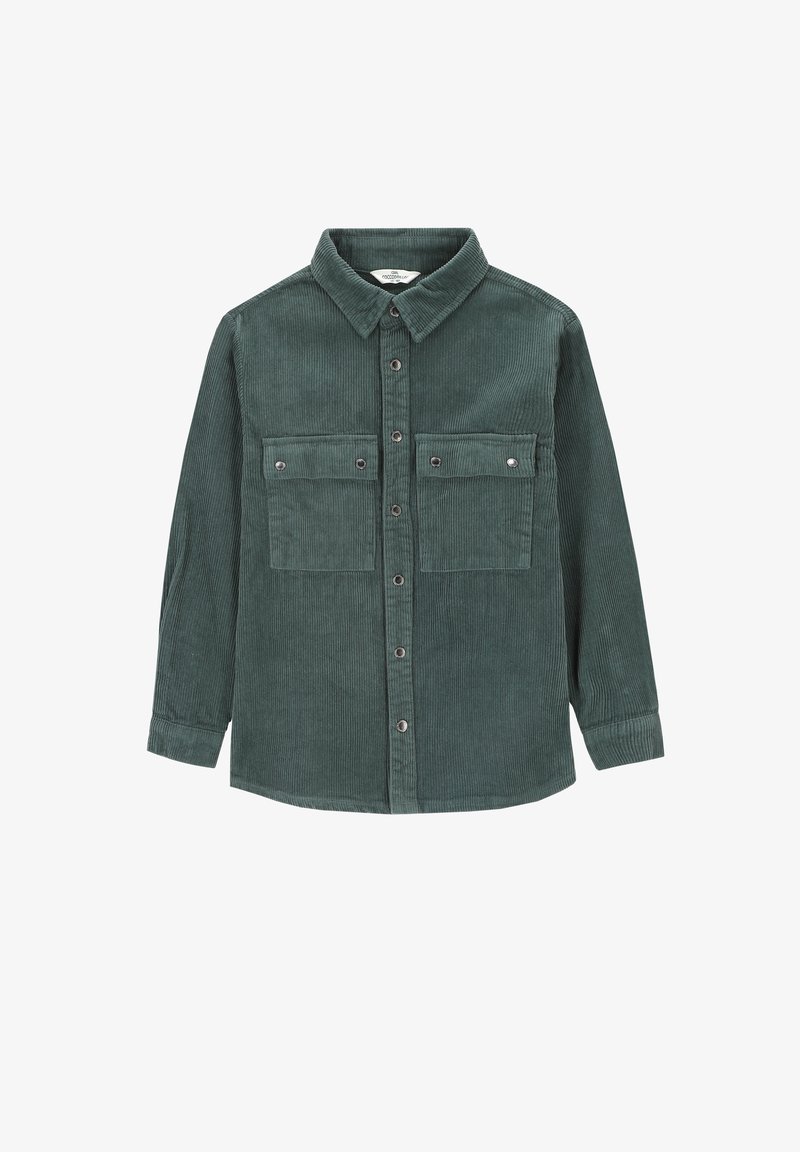 Zielona koszula z korduroy z kołnierzykiem na guziki, dwoma kieszeniami na piersi i długimi rękawami z guzikami przy mankietach. Teksturowany materiał z pionowymi żeberkami.