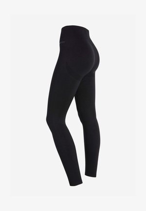 Mustat legginsit korkealla vyötäröllä, valmistettu sileästä, joustavasta kankaasta. Ominaisuuksiin kuuluu saumaton muotoilu ja teksturoitu korostus sivuilla.