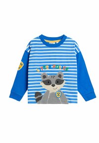 Kék, hosszú ujjú ing fehér csíkokkal, melyen egy mosómedve grafika és "SZEMÉT KONTROLL" felirat található színes betűkkel. Puha pamut anyag.