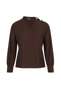 Top marrone a maniche lunghe con collo alto, dettagli arricciati e tre bottoni decorativi sulla spalla sinistra. Tessuto morbido e liscio.