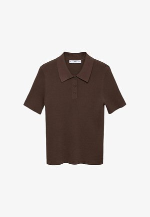Brązowa krótko rękawowa koszulka polo wykonana z prążkowanego materiału, z kołnierzykiem i zapięciem na trzy guziki. Charakteryzuje się jednolitym kolorem i luźnym krojem.