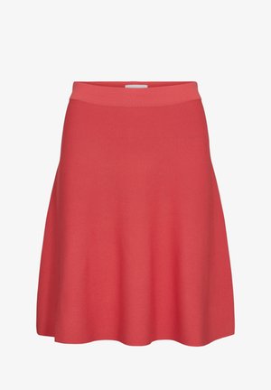 Rode A-lijn rok met een brede tailleband, gemaakt van gestructureerde stof, kniehoogte of iets erboven, zonder patronen of versieringen.