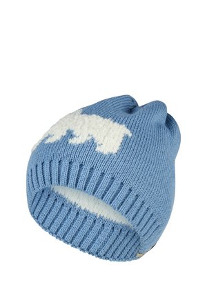 Light blue knit beanie hat with white cloud pattern and ribbed edge, shown against a plain white background.