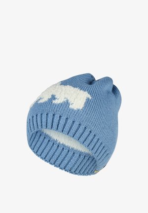 Light blue knit beanie hat with white cloud pattern and ribbed edge, shown against a plain white background.