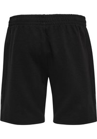 Schwarze Sportshorts aus weichem Stoff, mit elastischem Bund, seitlichen Streifen und geradem Schnitt. Keine sichtbaren Taschen.