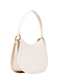 Borsa in pelle bianca con forma arrotondata, accenti in hardware dorato e una singola tracolla regolabile. Presenta una chiusura con zip sulla parte superiore.