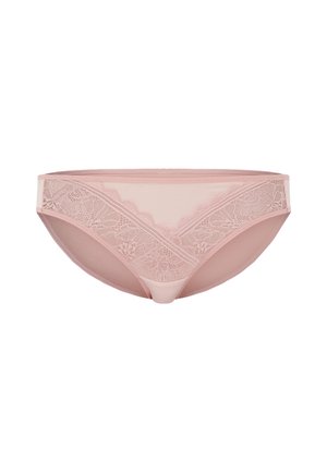 Pink lace underwear with a smooth band, featuring a floral lace design on the front and a semi-sheer backing, offering a low-rise cut.