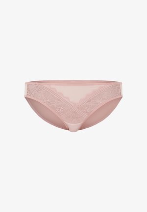 Pink lace underwear with a smooth band, featuring a floral lace design on the front and a semi-sheer backing, offering a low-rise cut.