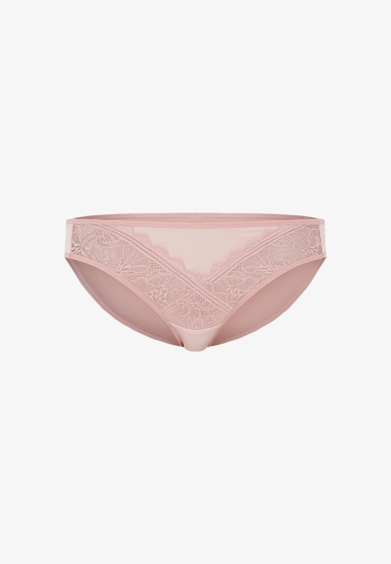 Pink lace underwear with a smooth band, featuring a floral lace design on the front and a semi-sheer backing, offering a low-rise cut.