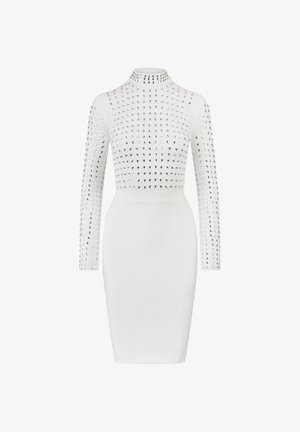 Witte lange mouwen jurk met een hoge hals, met een aansluitende silhouet en gestikte accenten over het lijfje en de mouwen.