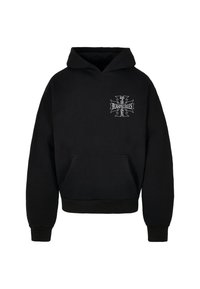 Black hooded sweatshirt made of cotton blend with a front pocket and ribbed cuffs. Features white graphic design on the left chest area.