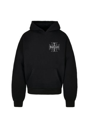 Zwarte capuchontrui van een katoenmix met een voorzak en ribbels aan de mouwen. Beschikt over een witte grafische print op de linker borst.