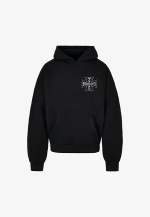 Felpa nera con cappuccio realizzata in misto cotone, dotata di tasca frontale e polsini a costine. Presenta un design grafico bianco nella zona sinistra del petto.