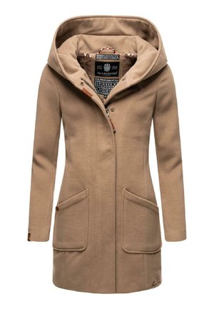Manteau beige à capuche en tissu doux, doté d'une fermeture éclair intégrale à l'avant, de deux poches avant et de discrets accents en cuir marron.