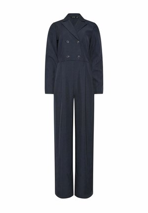 Marineblauer Jumpsuit mit langen Ärmeln, doppelreihiger Knopfleiste, weitem Bein und Reverskragen, aus glattem Stoff.