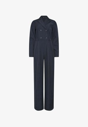 Combinaison bleu marine à manches longues avec devant boutonné croisé, jambes larges et col cranté, en tissu lisse.
