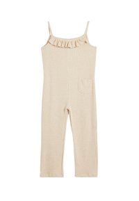 Beige geripptes Jumpsuit mit dünnen Trägern, Rüschenausschnitt und einer Tasche auf der linken Seite. Das Material wirkt weich und texturiert.