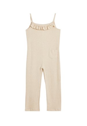 Beige geripptes Jumpsuit mit dünnen Trägern, Rüschenausschnitt und einer Tasche auf der linken Seite. Das Material wirkt weich und texturiert.