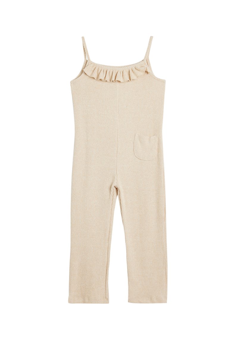 Beige geripptes Jumpsuit mit dünnen Trägern, Rüschenausschnitt und einer Tasche auf der linken Seite. Das Material wirkt weich und texturiert.