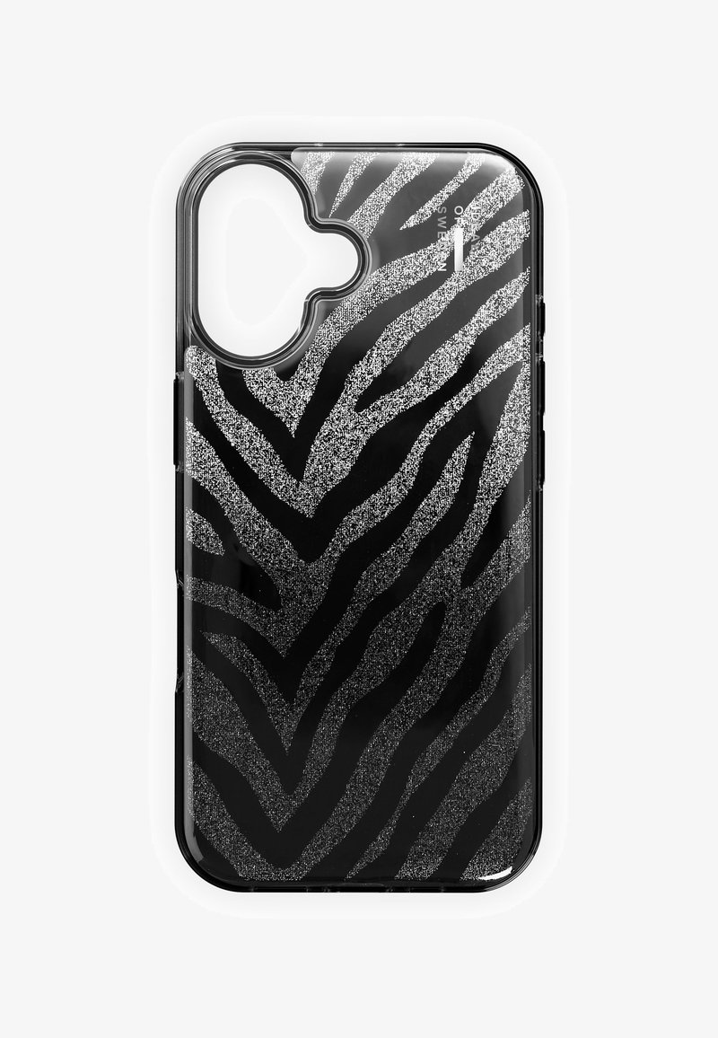 Schwarz-silbernes, zebra-gestreiftes Handyhülle mit glänzendem Finish, abgerundeten Ecken und Aussparungen für Kamera und Tasten. Mit strukturiertem Muster.