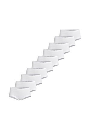 Slip in cotone bianco disposti in fila, caratterizzati da una cintura morbida e un design semplice e senza cuciture.